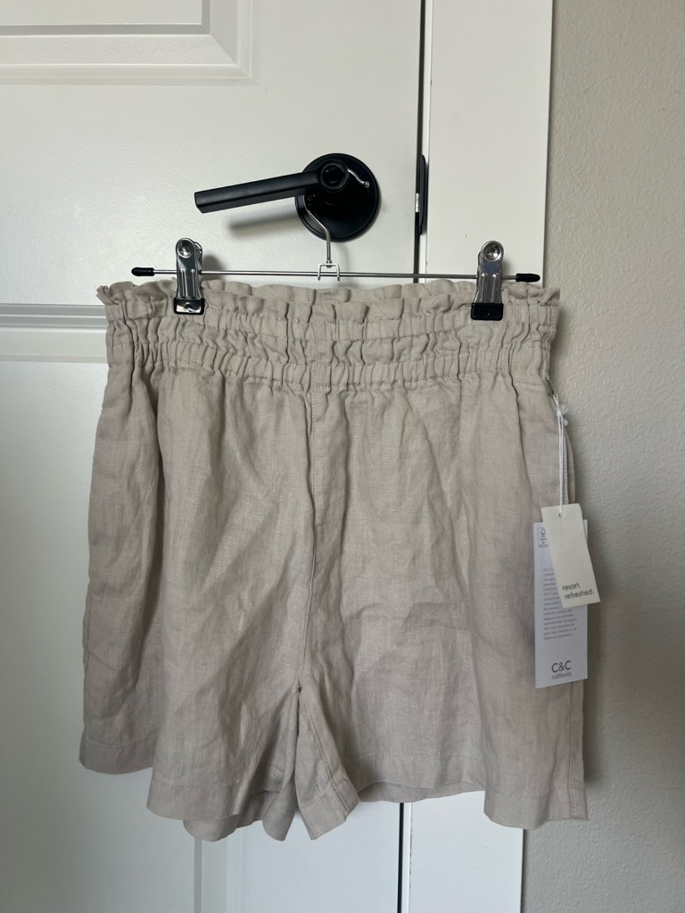 C&C California Linen Paperbag Waist Shorts - Natural Beige